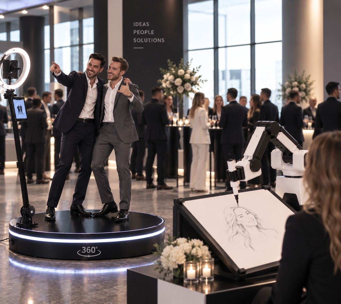 Twee mannen in pak op de 360° photobooth tijdens een zakelijk event