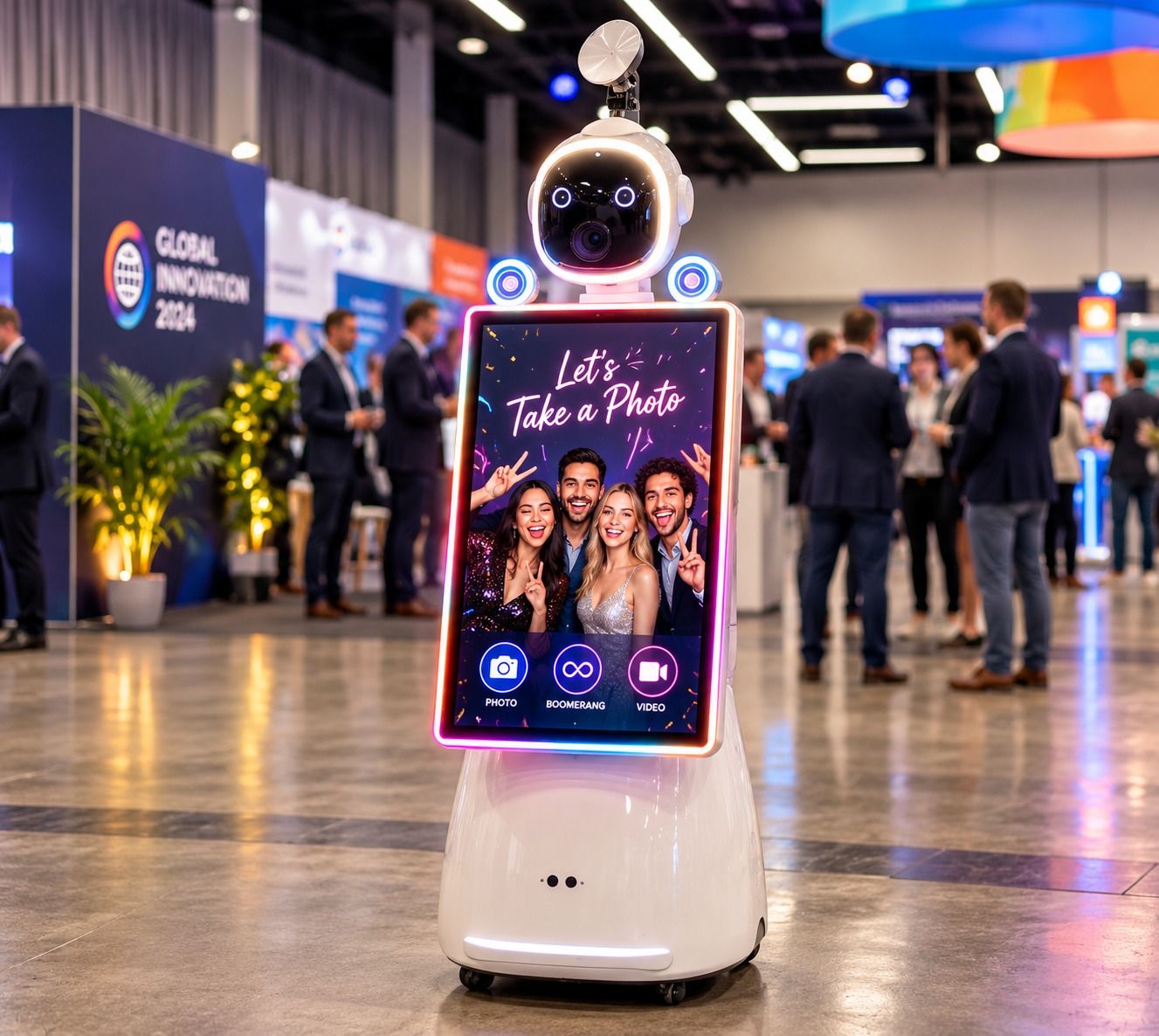 De AI Fotobox Robot nodigt bezoekers uit voor een foto