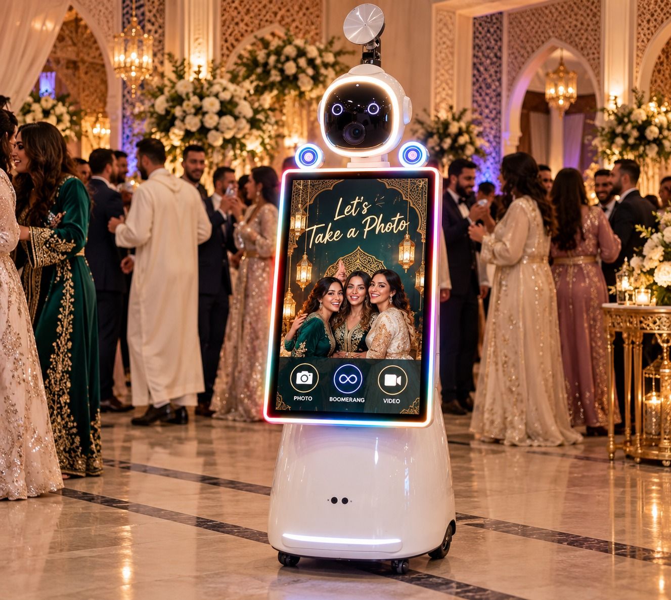 De AI Fotobox Robot tussen de gasten van een bruiloft