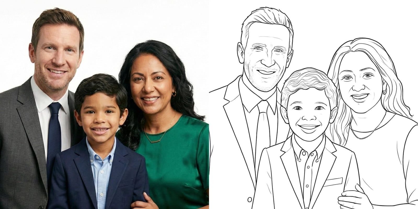 Foto van een gezin naast de tekening van het gezin
