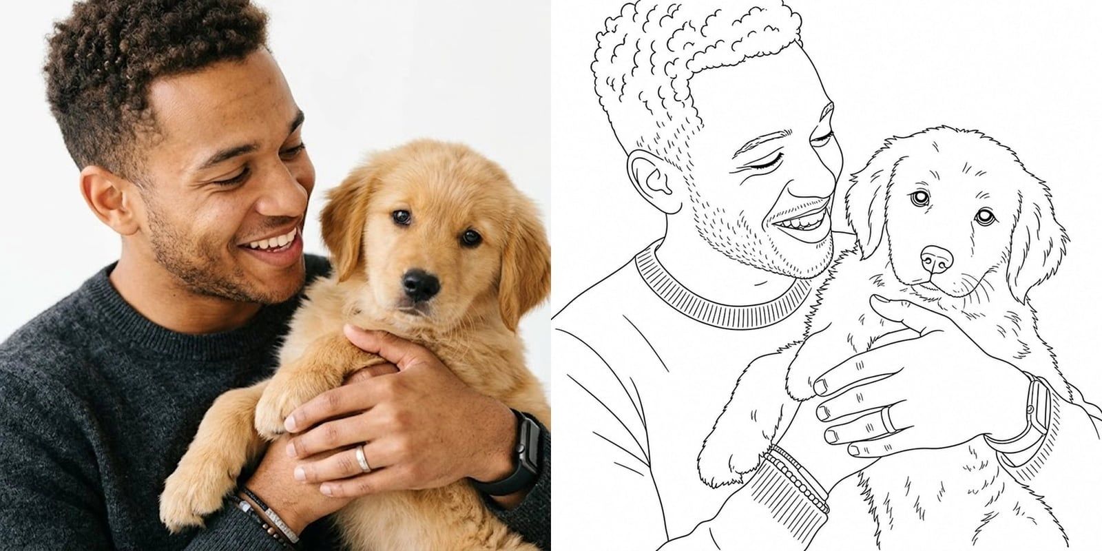 Foto van een man met een puppy naast hun tekening