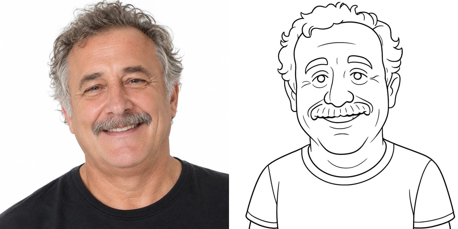Foto van een lachende man naast zijn getekende karikatuur