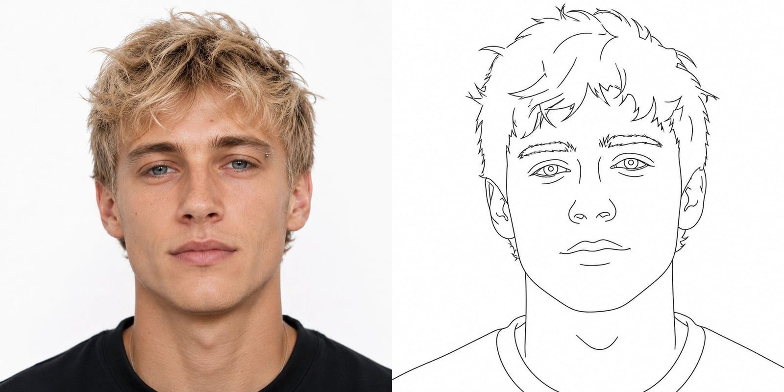 Foto van een jonge man naast zijn getekende portret